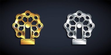 Siyah arka planda altın ve gümüş dönme dolap ikonu var. Eğlence parkı. Çocuklar için eğlence parkı, eğlence parkı. Uzun gölge tarzı. Vektör