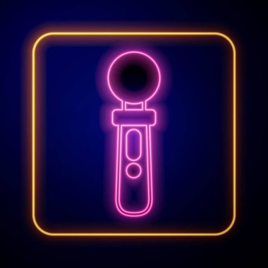 Parlayan neon kontrol oyunu simgesi siyah arkaplanda izole edildi. Sanal gerçeklik deneyimi, mevcudiyet hissi, konum takip teknolojisi cihazı. Vektör
