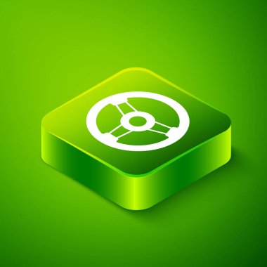 Isometric Racing simülatör kokpit ikonu yeşil arka planda izole edildi. Oyun aksesuarı. Simülasyon oyunu için Gadget. Yeşil kare düğmesi. Vektör