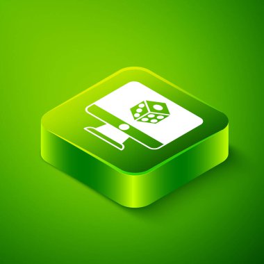 Isometric Game zar simgesi yeşil arkaplanda izole edildi. Kumarhane kumarı. Yeşil kare düğmesi. Vektör