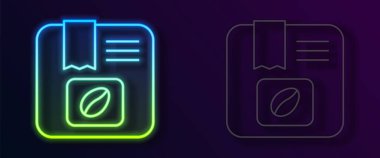 Parlayan neon hattı kahve çekirdeği torbası simgesi siyah arka planda izole. Vektör