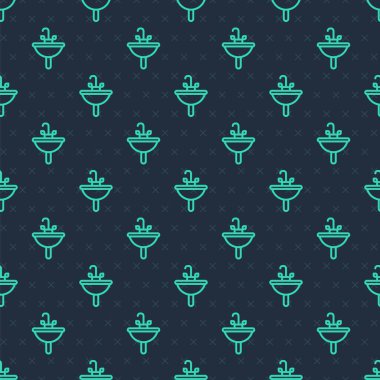 Su musluğu ikonlu yeşil çizgi yıkama leğeni mavi arka planda izole edilmiş. Vektör