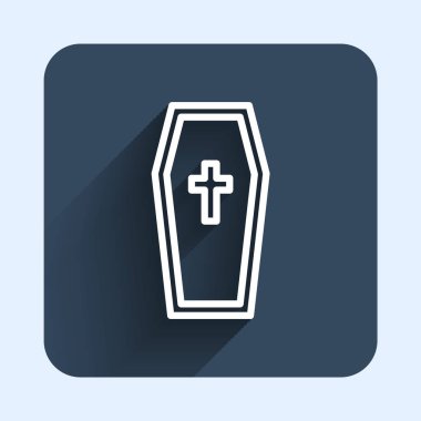 Beyaz çizgi Tabut ve Hıristiyan haç simgesi uzun gölge arkaplan izole. Mutlu Cadılar Bayramı Partisi. Mavi kare düğme. Vektör