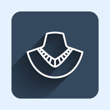 Manken ikonundaki beyaz çizgi gerdanlığı uzun gölge arkaplanı ile izole edilmiş. Mavi kare düğme. Vektör