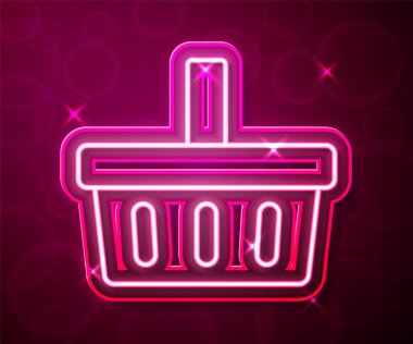 Parlayan neon hattı alışveriş sepeti simgesi kırmızı arkaplanda izole edildi. İnternetten satın alma konsepti. Servis tabelası. Alışveriş arabası sembolü. Vektör