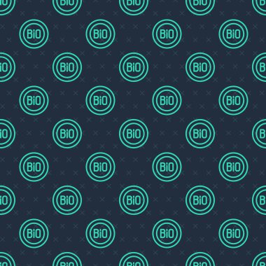 Yeşil çizgi Banner, etiket, etiket, biyoyeşil sağlıklı yiyecek ikonu için logo mavi arka planda izole edilmiş pürüzsüz desen. Organik ürün. Sağlıklı yemek etiketi. Vektör