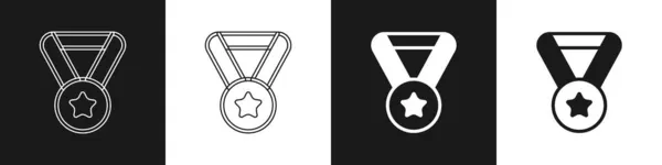 Nastavit Ikonu Medaile Izolované Černobílém Pozadí Symbol Vítěze Vektor — Stockový vektor