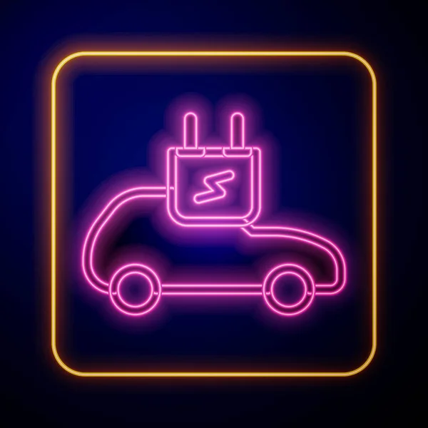 Świecący Neon Samochód Elektryczny Ikona Ładowania Kabla Elektrycznego Izolowana Czarnym — Wektor stockowy