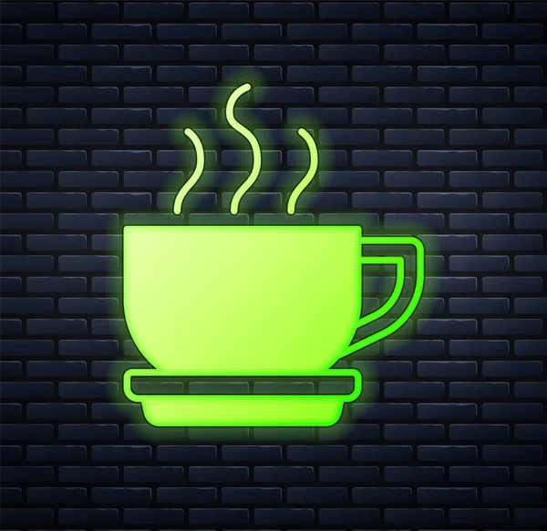 Gloeiende Neon Coffee Cup Pictogram Geïsoleerd Baksteen Muur Achtergrond Theekopje — Stockvector