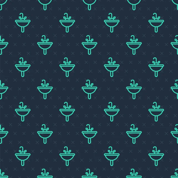 Su musluğu ikonlu yeşil çizgi yıkama leğeni mavi arka planda izole edilmiş. Vektör