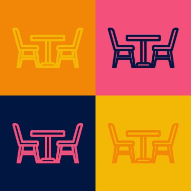 Renkli arka planda izole edilmiş sandalye ikonu olan tahta masa. Vektör