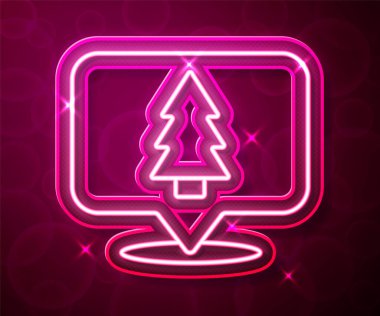 Parlayan neon hattı Noel ağacı simgesi kırmızı arkaplanda izole edildi. Mutlu Noeller ve mutlu yıllar. Vektör