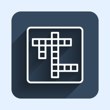 Beyaz çizgi kare bulmaca simgesi uzun gölge arkaplanı ile izole edildi. Mavi kare düğme. Vektör