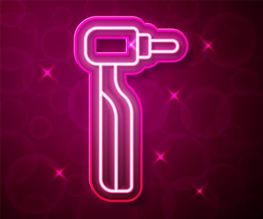 Parlak neon çizgili matkap ikonu kırmızı arkaplanda izole edildi. Delme ve öğütme aletleri için el işi. Vektör