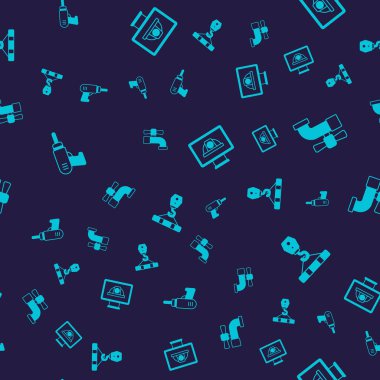 Elektrikli matkap, su musluğu, işçi kaskı ve turna kancasını kusursuz desene ayarlayın. Vektör