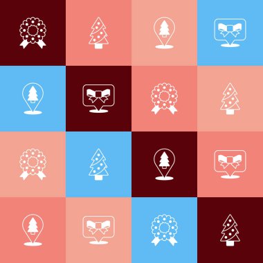 Pop sanatını Noel çelengi, ağaç ve hediye yay ikonunu hazırla. Vektör