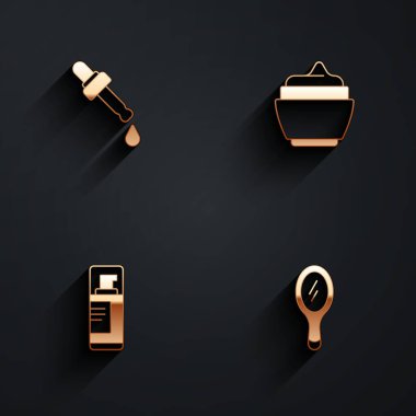 Pipette 'i yağ, krem ya da losyon kozmetik tüpüyle tıraş köpüğü ve uzun gölgeli el ayna ikonu ile ayarla. Vektör