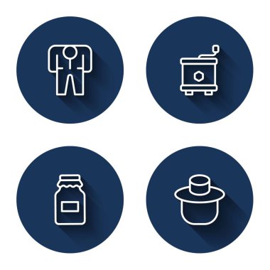 Sıralı Beekeeper kostümü, Bal sökücü, bal kavanozu ve uzun gölgeli bir şapkayla. Mavi daire düğmesi. Vektör