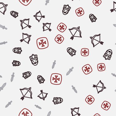 Kral 'ı taç, ortaçağ yayı ve oku, kılıç ve Haçlı Seferi' ni kusursuz bir şablona yerleştirin. Vektör