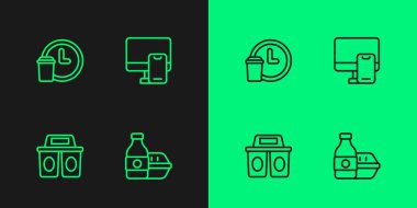 İnternetten yemek siparişi vermek, kahve fincanı göndermek, 24 saat teslimat ve ikon sipariş etmek. Vektör