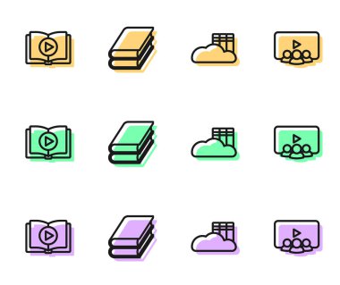 Satır Cloud ya da çevrimiçi kütüphane, Ses kitabı, Kitap ve Çevrimiçi sınıf simgesi ayarla. Vektör