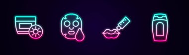 Tüpte güneş kremi, yüz kozmetik maskesi, dudak büyütme ve bir şişe şampuan. Parlayan neon ikonu. Vektör