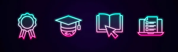 集在线教育为一体 具有文凭 毕业证书 书籍和测验 发光的霓虹灯图标 — 图库矢量图片