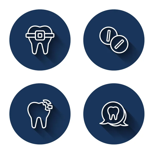 Ustaw Linię Zęby Aparatem Zęby Tabletki Przeciwbólowe Ból Zęba Złamany — Wektor stockowy
