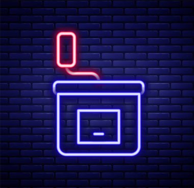 Parlak neon çizgisi. El yapımı kahve öğütücü ikonu tuğla duvar arkasında izole edilmiş. Renkli taslak konsepti. Vektör