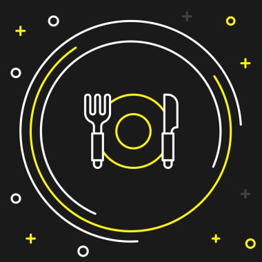 Çizgi plaka, çatal ve bıçak simgesi siyah arka planda izole edildi. Çatal bıçak sembolü. Restoran tabelası. Renkli taslak konsepti. Vektör