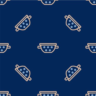 Line Kitchen süzgeç simgesi mavi arkaplanda izole edilmiş. Mutfak aletleri. Çatal bıçak seti. Vektör