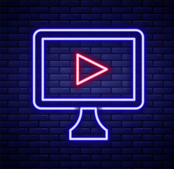 Glowing Neon Line Online Play Video Icon Isolated Brick Wall — Stock Vector