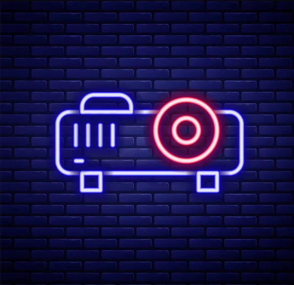Parlak neon hattı sunumu, film, film, medya projektörü ikonu tuğla duvar arka planında izole edildi. Renkli taslak konsepti. Vektör