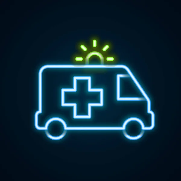Leuchtende Leuchtschrift Ambulance Und Notarztwagen Ikone Isoliert Auf Schwarzem Hintergrund — Stockvektor