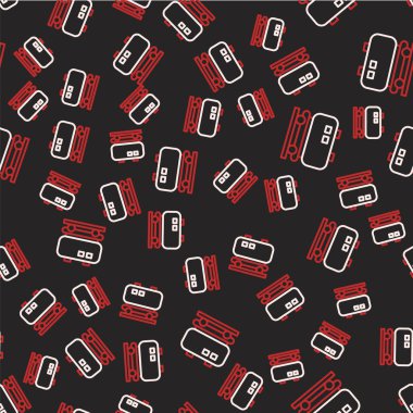 Petrol hattı sarnıç simgesi siyah arkaplanda izole edilmiş. Tren vagonundaki petrol tankı. Demiryolu nakliyesi. Petrol endüstrisi. Vektör