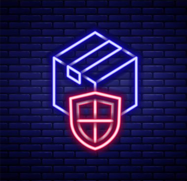 Parlayan neon hattı teslimat güvenliği. Kalkan simgesi tuğla duvar arkasında izole edilmiş. Teslimat sigortası. Kalkanın ötesinde sigorta kutuları var. Renkli taslak konsepti. Vektör