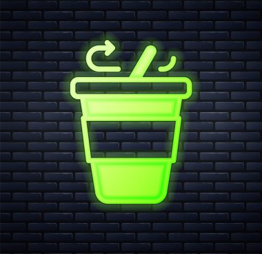 Parlayan neon kahve fincanı tuğla duvar arkasında izole edilmiş bir ikon haline gelecek. Vektör