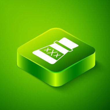 Yeşil zemin üzerinde iksir ikonu olan Isome Şişesi. Sihirli iksirli matara. Mutlu Cadılar Bayramı Partisi. Yeşil kare düğmesi. Vektör