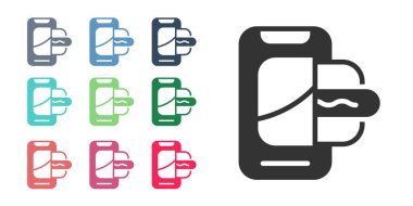 Siyah Gıda, beyaz arka planda izole edilmiş mobil ikon siparişi veriyor. Cep telefonuyla sipariş verin. Restoran yemek teslimatı konsepti. Simgeleri renklendirin. Vektör