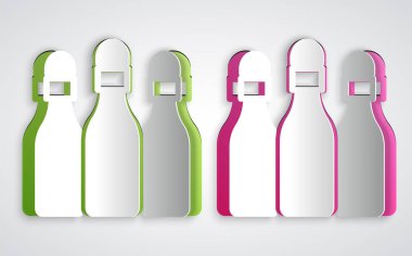 Kağıt kesiği Bowling pin simgesi gri arkaplanda izole edildi. Kağıt sanatı tarzı. Vektör