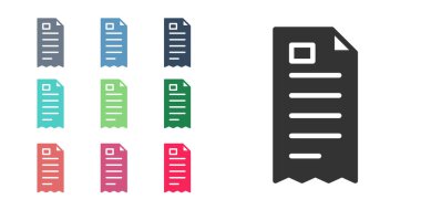 Siyah kağıt kontrolü ve mali kontrol simgesi beyaz arka planda izole edildi. Kağıt baskı çeki, makbuz ya da fatura. Simgeleri renklendirin. Vektör