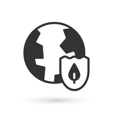 Beyaz arkaplanda izole edilmiş bir kalkan ikonu olan gri dünya. Sigorta konsepti. Güvenlik, güvenlik, koruma, gizlilik kavramı. Vektör