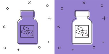 Uyku hapı simgesini beyaz ve mor arkaplanda izole et. Vektör