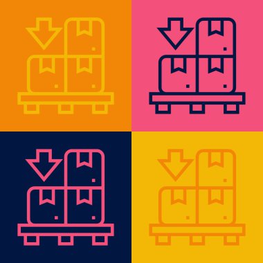 Renkli arka planda izole edilmiş palet simgesindeki karton kutular. Kırılgan işaretli kapalı karton teslimat kutusu. Vektör
