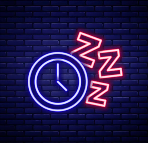 Glowing Neon Line Alarm Clock Icon Isolated Brick Wall Background — Stock Vector