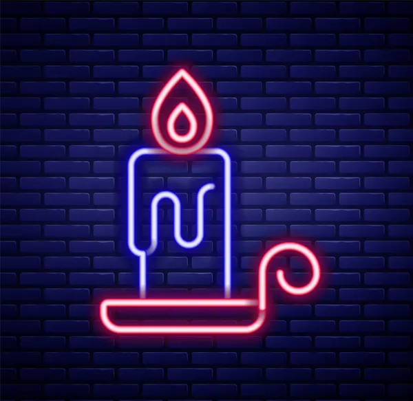 Brillante Línea Neón Vela Ardiente Icono Del Candelero Aislado Fondo — Vector de stock