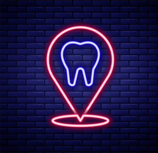 Linea Neon Incandescente Icona Posizione Clinica Dentale Isolato Sfondo Muro — Vettoriale Stock