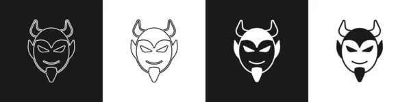 Set Devil Head Icon Isolated Black White Background Happy Halloween — Stock Vector