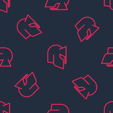 Baş koruma ikonu için kırmızı çizgi Ortaçağ demir miğferi siyah arka planda izole edilmiş pürüzsüz desen. Şövalye miğferi Vektör