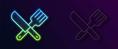 Parlayan neon çizgisi siyah arka planda izole edilmiş çatal ve bıçak simgesi. Çatal bıçak sembolü. Vektör